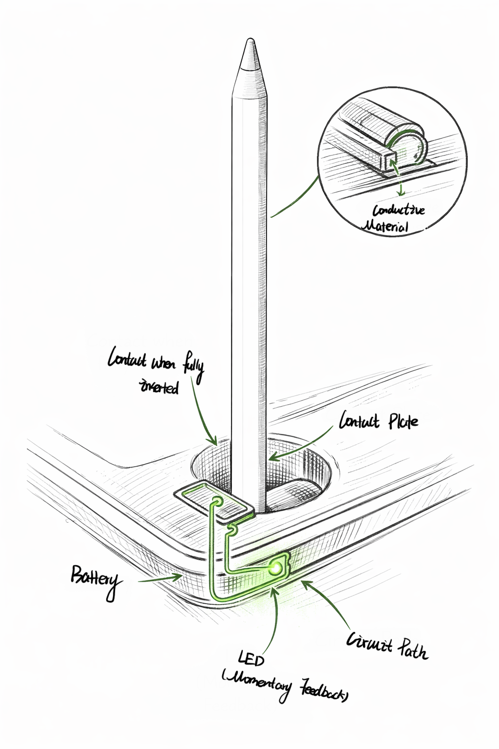 This circuit diagram shows a contact-based circuit that’s triggered when something is fully in place. It’s used to confirm whether the Apple Pencil is correctly inserted into the pencil slot in an iPad case.

The conductive contacts are built into the inside of the slot—like along the inner wall and near the bottom. The battery and LED are hidden in the side of the case or inside a layered section, and they’re connected through a simple conductive path.

When the Pencil is not fully inserted, the contacts stay separated, so the circuit stays open. Even if the Pencil is already inside the slot, as long as it hasn’t reached the bottom, the circuit still won’t close. Once the Apple Pencil is pushed all the way in and stands securely, the Pencil’s end (or the pressure it creates) makes the contacts touch. That creates a stable connection, closes the circuit, and the LED turns on.

This feedback isn’t reacting to the “inserting” motion itself—it’s confirming “it’s in the correct position.” If the Pencil is pulled out or starts wobbling, the contacts separate again, the circuit opens, and the LED turns off.

