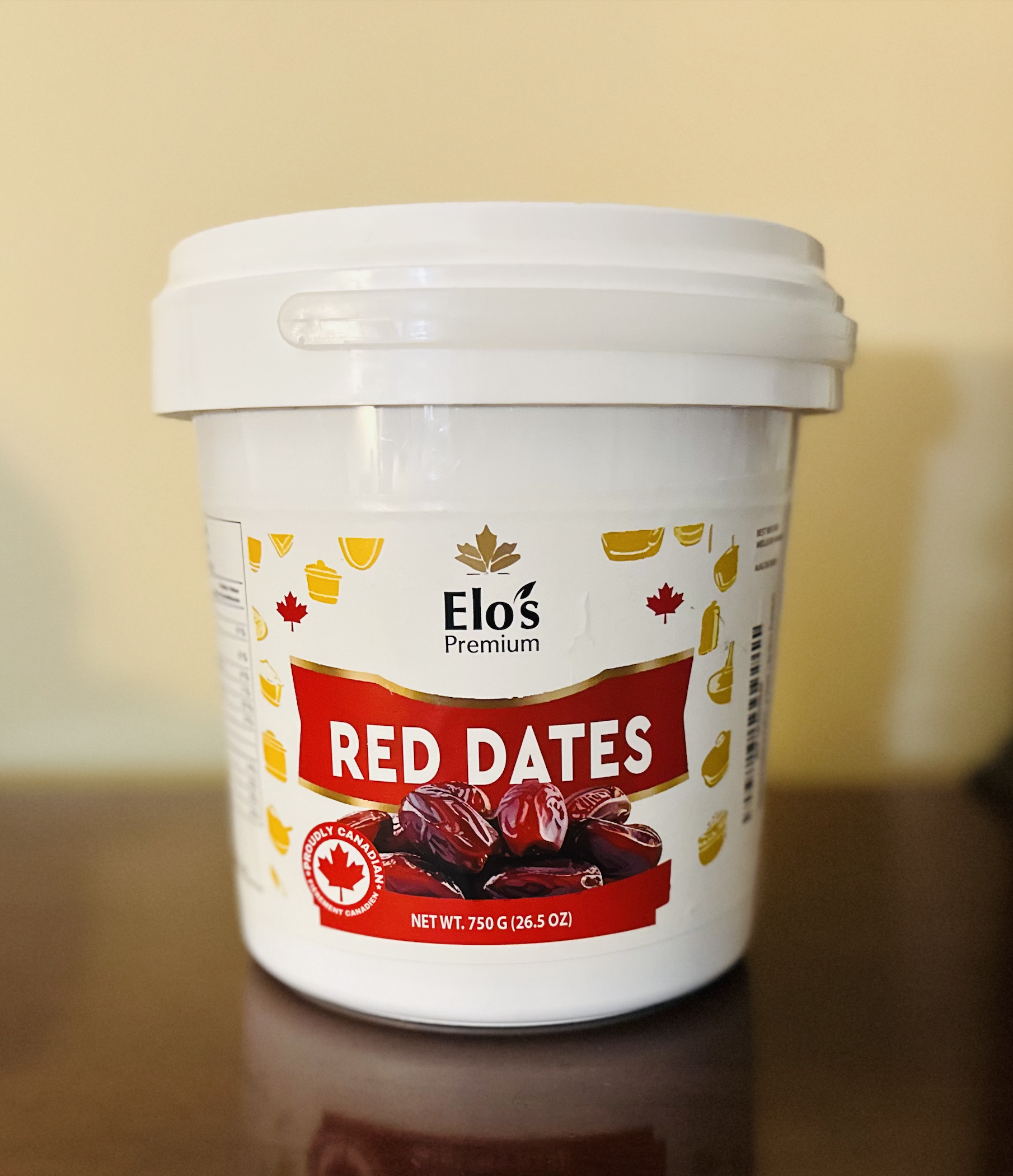 Close-up view of the red date container