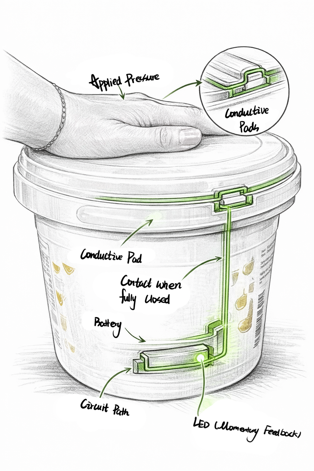 This circuit diagram shows a circuit that only triggers when the lid is fully sealed. It’s used to confirm the red date container is actually closed tight, so it won’t get damp.

Based on how the lid snaps into the container, the conductive contacts are placed on the rim of the container opening and on the matching spot inside the lid. The two sets of contacts only touch when the lid is pressed down completely and locks into place. The battery and LED are hidden under the container or behind the label, and they’re connected to the contacts through a simple conductive path.

If the lid is just placed on top but not pressed firmly, there’s still a small gap between the contacts, so the circuit won’t close and the LED won’t light up. Only when I press the lid all the way down so it fits tightly against the rim do the contacts touch, the circuit closes, and the LED turns on, clearly showing the container is sealed.
